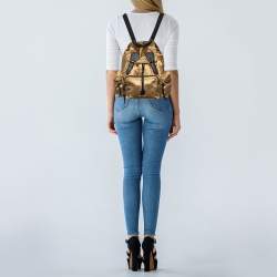 Pre Owned Burberry Gold/Black Nylon and Leather Rucksack Backpack