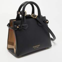 Pre Owned Burberry Black/Beige Leather and House Check Fabric Baby Banner Tote