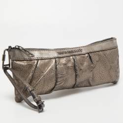Pre Owned Burberry Metallic Perforated Floral Leather Wristlet Pouch