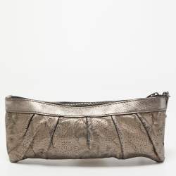 Pre Owned Burberry Metallic Perforated Floral Leather Wristlet Pouch