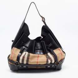 Pre Owned Burberry Black/Beige House Check Canvas and Leather Bridle Hobo