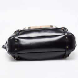 Pre Owned Burberry Black/Beige House Check Canvas and Leather Bridle Hobo
