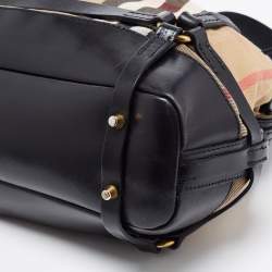 Pre Owned Burberry Black/Beige House Check Canvas and Leather Bridle Hobo
