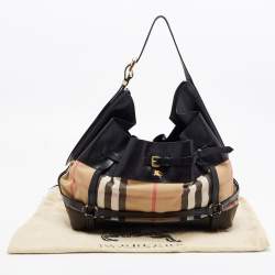 Pre Owned Burberry Black/Beige House Check Canvas and Leather Bridle Hobo