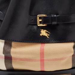 Pre Owned Burberry Black/Beige House Check Canvas and Leather Bridle Hobo