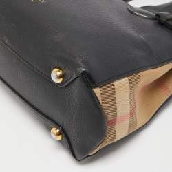 مملوكة مسبقًا Burberry Black Leather and House Check Fabric Small Banner Tote