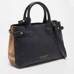 مملوكة مسبقًا Burberry Black Leather and House Check Fabric Small Banner Tote