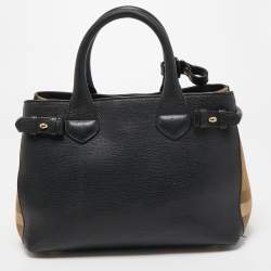 مملوكة مسبقًا Burberry Black Leather and House Check Fabric Small Banner Tote