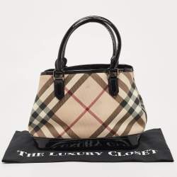 Pre Owned Burberry Black/Beige Nova Check PVC and Patent Leather Eden Tote
