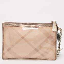 Pre Owned Burberry Metallic Beige/Cleart PVC and Leather Trim Wristlet Pouch