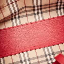 Pre Owned Burberry Red/Beige Haymarket Leather Reversible Lavenby Tote