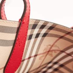 Pre Owned Burberry Red/Beige Haymarket Leather Reversible Lavenby Tote