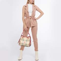 Pre Owned Burberry Beige/Red Haymarket Check PVC and Leather Small Canterbury Tote