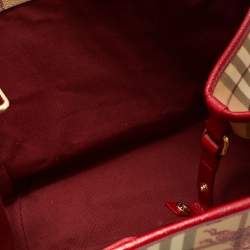 Pre Owned Burberry Beige/Red Haymarket Check PVC and Leather Small Canterbury Tote