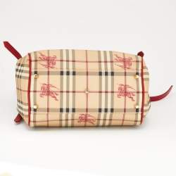 Pre Owned Burberry Beige/Red Haymarket Check PVC and Leather Small Canterbury Tote