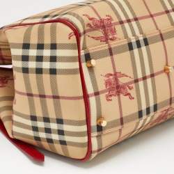 Pre Owned Burberry Beige/Red Haymarket Check PVC and Leather Small Canterbury Tote