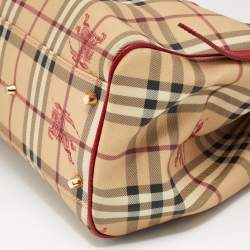 Pre Owned Burberry Beige/Red Haymarket Check PVC and Leather Small Canterbury Tote