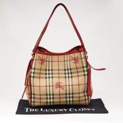 Pre Owned Burberry Beige/Red Haymarket Check PVC and Leather Small Canterbury Tote