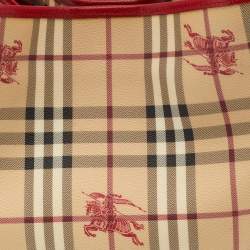 Pre Owned Burberry Beige/Red Haymarket Check PVC and Leather Small Canterbury Tote
