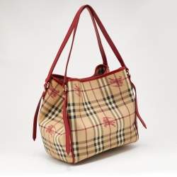 Pre Owned Burberry Beige/Red Haymarket Check PVC and Leather Small Canterbury Tote