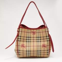 Pre Owned Burberry Beige/Red Haymarket Check PVC and Leather Small Canterbury Tote