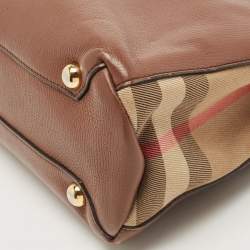 Pre Owned Burberry Brown/Beige House Check Fabric and Leather Small Banner Tote