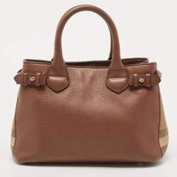 Pre Owned Burberry Brown/Beige House Check Fabric and Leather Small Banner Tote