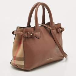 Pre Owned Burberry Brown/Beige House Check Fabric and Leather Small Banner Tote