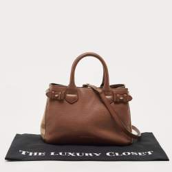 Pre Owned Burberry Brown/Beige House Check Fabric and Leather Small Banner Tote