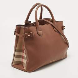 Pre Owned Burberry Beige/Brown Leather and House Check Fabric Medium Banner Tote