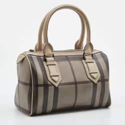 Pre Owned Burberry Beige Smoked Check PVC and Leather Chester Boston Bag