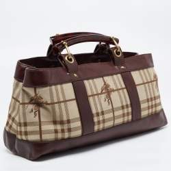 Burberry Brown/Beige Haymarket Check Canvas and Leather Middle Zip Tote
