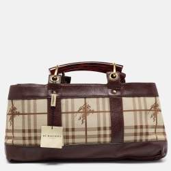 Burberry Brown/Beige Haymarket Check Canvas and Leather Middle Zip Tote