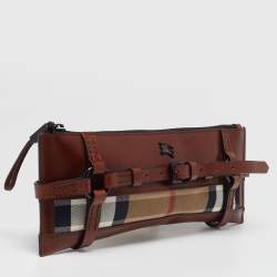 Burberry Brown Leather and House Check Canvas Clutch