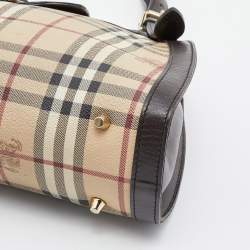 مملوكة مسبقًا حقيبة ساتشل بربري جلد وكانفاس كاروهات هاي ماركت بيج/بني مقوى بشراشيب