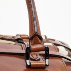 Pre Owned Burberry Brown/Beige House Check Fabric and Leather Bridle Satchel