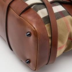 Pre Owned Burberry Brown/Beige House Check Fabric and Leather Bridle Satchel