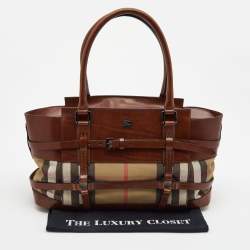 Pre Owned Burberry Brown/Beige House Check Fabric and Leather Bridle Satchel
