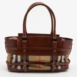Pre Owned Burberry Brown/Beige House Check Fabric and Leather Bridle Satchel