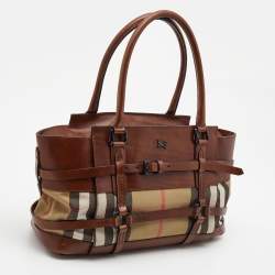 Pre Owned Burberry Brown/Beige House Check Fabric and Leather Bridle Satchel