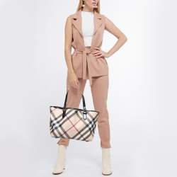 Pre Owned Burberry Black/Beige Super Nova Check PVC and Patent Leather Regent Tote