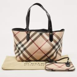 Pre Owned Burberry Black/Beige Super Nova Check PVC and Patent Leather Regent Tote