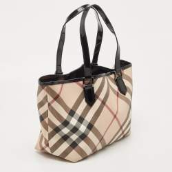 Pre Owned Burberry Black/Beige Super Nova Check PVC and Patent Leather Regent Tote