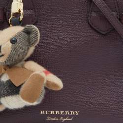 Pre Owned Burberry Burgundy/Beige Leather and House Check Fabric Mini Banner Tote w/Charm