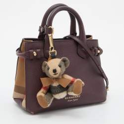 Pre Owned Burberry Burgundy/Beige Leather and House Check Fabric Mini Banner Tote w/Charm