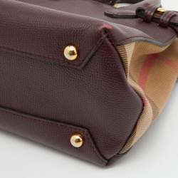 Pre Owned Burberry Burgundy/Beige Leather and House Check Fabric Mini Banner Tote w/Charm
