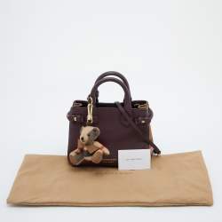 Pre Owned Burberry Burgundy/Beige Leather and House Check Fabric Mini Banner Tote w/Charm