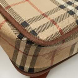 Pre Owned Burberry Beige/Tan Haymarket Check Coated Canvas and Leather Flap Crossbody Bag