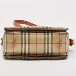 Pre Owned Burberry Beige/Tan Haymarket Check Coated Canvas and Leather Flap Crossbody Bag