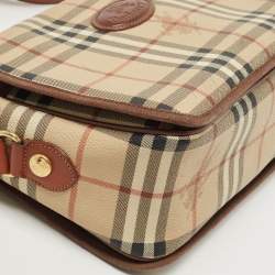 Pre Owned Burberry Beige/Tan Haymarket Check Coated Canvas and Leather Flap Crossbody Bag